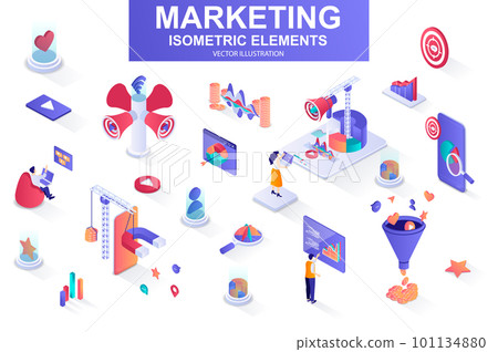 Marketing strategy bundle of isometric elements. Marketing funnel, lead generation, research and strategy planning, megaphone isolated icons. Isometric vector illustration kit with people characters. Marketing strategy bundle of isometric elements. Marketing funnel, lead generation, research and strategy planning, megaphone isolated icons. Isometric vector illustration kit with people characters. 101134880