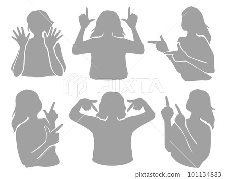 Silhouette illustration of a woman doing a pointing gesture Gray 101134883