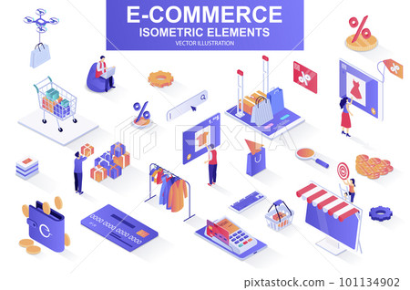E-commerce bundle of isometric elements. Internet marketplace, atm terminal, online shopping, credit card payment, digital wallet isolated icons. Isometric vector illustration with people characters. 101134902