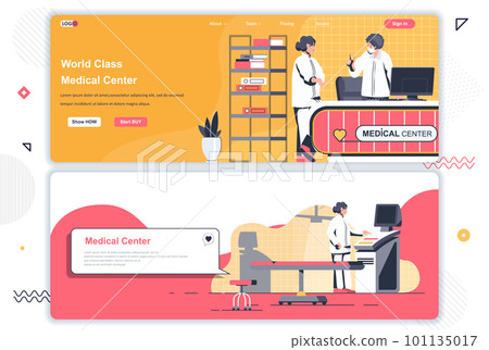 Medical center landing pages. Online consultation, diagnosis and treatment corporate website. Flat vector illustration with people characters. Web concept use as header, footer or middle content. 101135017