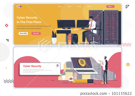 Cyber security landing pages set. Cybersecurity assistance and management corporate website. Flat vector illustration with people characters. Web concept use as header, footer or middle content. Cyber security landing pages set. Cybersecurity assistance and management corporate website. Flat vector illustration with people characters. Web concept use as header, footer or middle content. 101135622