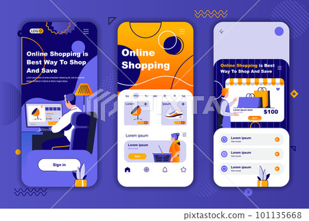 Online shopping unique design kit for social networks stories. Internet marketplace, online order and delivery mobile screens for app. UI UX layouts vector illustration. GUI set with people characters Online shopping unique design kit for social networks stories. Internet marketplace, online order and delivery mobile screens for app. UI UX layouts vector illustration. GUI set with people characters 101135668