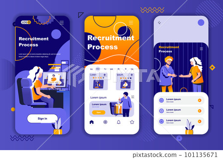 Recruitment process unique design for social networks stories. Headhunting agency, staff employment mobile screen templates for app. UI UX layouts vector illustration. GUI set with people characters. 101135671