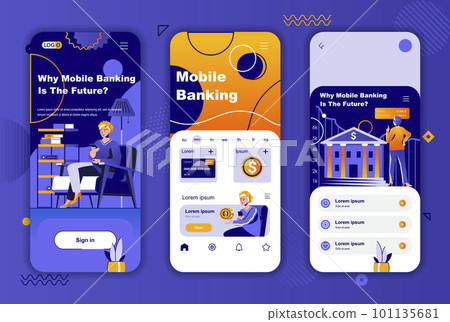 Mobile banking unique design for social networks stories. Financial application for smartphone, digital wallet mobile screens for app. UI UX layouts vector illustration. GUI set with people characters 101135681