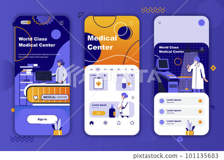 Medical center unique design kit for social networks stories. Online medical assistance service mobile screen templates for app. UI UX layouts vector illustration. GUI set with people characters. 101135683
