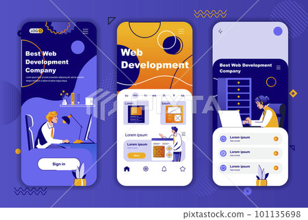Web development unique design kit for social networks stories. Full stack software engineering, web design mobile screen templates. UI UX layouts vector illustration. GUI set with people characters. 101135698