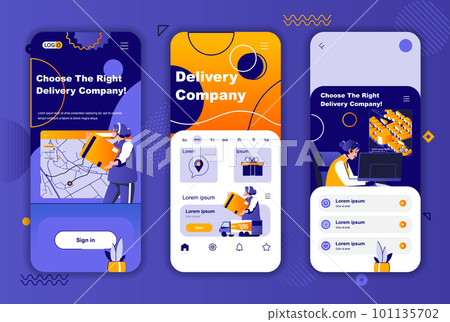 Delivery company unique design kit for social networks stories. Express delivery, warehousing and logistics mobile screens for app. UI UX layouts vector illustration. GUI set with people characters. 101135702