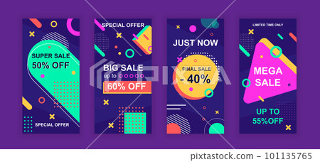 Advertising design social networks instagram stories. Set of sale web banner, poster, cover for online shopping, marketing, promo, discount products. Modern insta cover template. Vector illustration. Advertising design social networks instagram stories. Set of sale web banner, poster, cover for online shopping, marketing, promo, discount products. Modern insta cover template. Vector illustration. 101135765