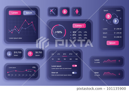 GUI elements for cryptocurrency mobile app. Cryptocurrency mining, exchange and stock trading user interface generator. Unique ui ux design kit vector illustration. Navigation and graphs components. 101135900