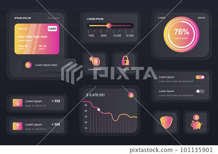 GUI elements for banking mobile app. Financial analytics of bank account, credit card balance user interface generator. Unique ui ux design kit vector illustration. Navigation and graphs components. 101135901