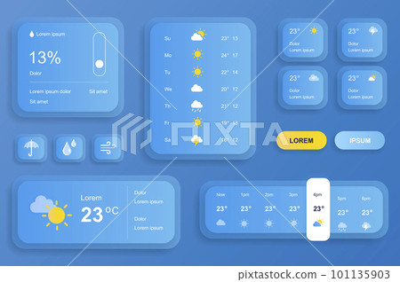 GUI elements for weather forecast mobile app. Temperature, atmospheric pressure, weather condition user interface generator. Ui ux toolkit vector illustration. Current and hourly forecast components. 101135903