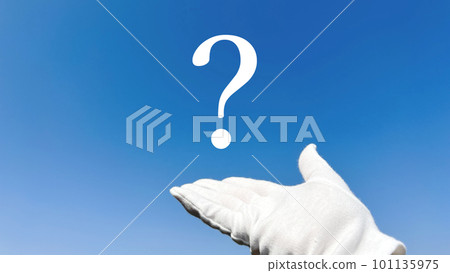 White gloved hand, question mark and blue sky White gloved hand, question mark and blue sky 101135975