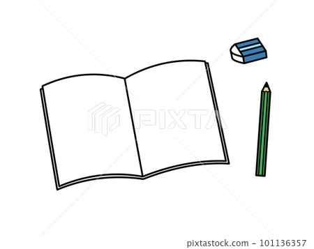 Simple illustration set of open notebook, eraser and pencil 101136357