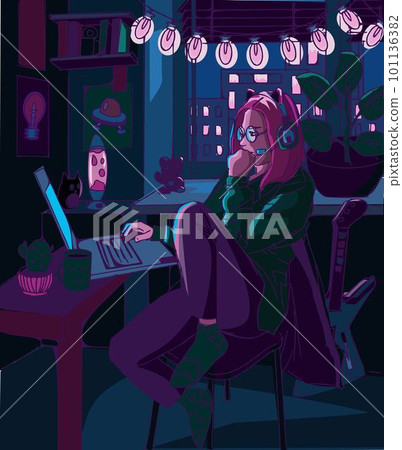 Game streaming concept illustration Pink hair Girl game streamer play video game online Flat concept illustration 101136382