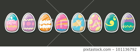 Set of color hand drawn Easter eggs with different texture isolated on grey background. Spring holiday. Vector Illustration. Happy easter eggs horizontal banner 101136792