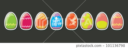 Set of color hand drawn Easter eggs with different texture isolated on grey background. Spring holiday. Vector Illustration. Happy easter eggs horizontal banner 101136798