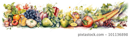 healthy food, fruits and vegetables, watecolor banner illustration isolated on white, AI generative image 101136898