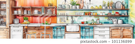 modern kitchen furniture front view, concept watecolor banner illustration isolated on white, AI generative image 101136899