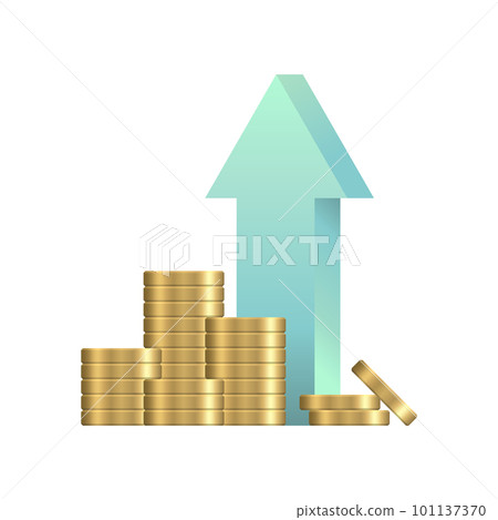 Golden coins and up arrow. Realistic stacks of coins. Cash money income, increase. Vector illustration isolated on white background. 101137370