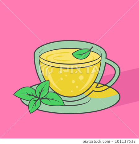 Glass cup with tea and mint leaves. Vector illustration. Transparent mug with herb tea isolated on pink background. 101137532
