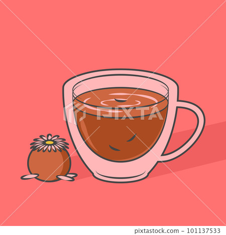 Glass cup with tea and sweet. Vector illustration. Transparent mug with black tea isolated on brown background. Glass cup with tea and sweet. Vector illustration. Transparent mug with black tea isolated on brown background. 101137533