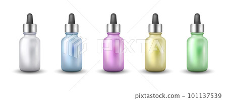 Dropper bottle realistic set for oil, essence and serum. Templates for cosmetic brand. Beauty care colorful collection of essence vials. Dropper bottle realistic set for oil, essence and serum. Templates for cosmetic brand. Beauty care colorful collection of essence vials. 101137539
