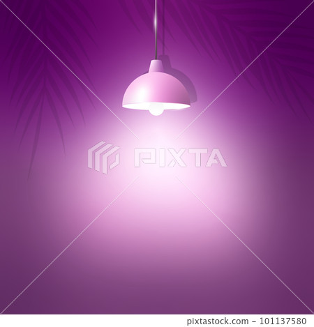 Hanging lamp and Illuminated wall background design for presentation, advertising and showcase. Realistic apartment interior in pink color with palm branch shadows. Hanging lamp and Illuminated wall background design for presentation, advertising and showcase. Realistic apartment interior in pink color with palm branch shadows. 101137580
