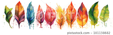 rainbow set of leaves, watecolor banner illustration isolated on white, AI generative image 101138682