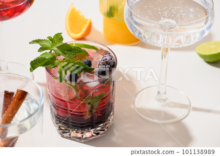 Blackberry cocktails, lemonade, mojito with lime. Blackberry cocktails, lemonade, mojito with lime. 101138989