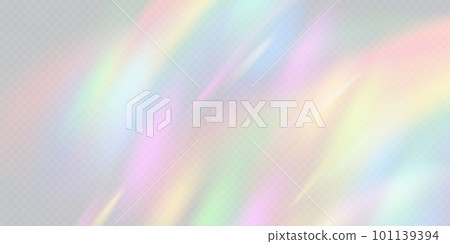 Rainbow light prism effect, transparent background. Hologram reflection, crystal flare leak shadow overlay. Vector illustration of abstract blurred iridescent light backdrop. 101139394