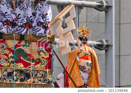 Gion Festival, the moment when a child is carried on a naginata-boko before departure Gion Festival, the moment when a child is carried on a naginata-boko before departure 101139846