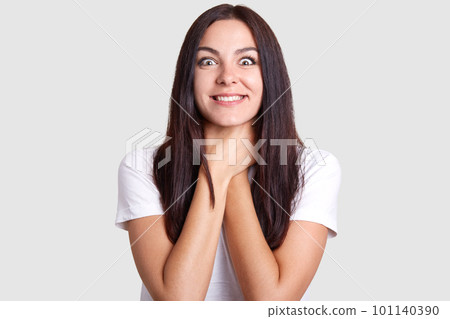 These sunny eyes and bright, wide smile of stranger, makes it clear that she likes to hold herself by throat with her hands, because this posture is very unusual for models and looks interesting. 101140390