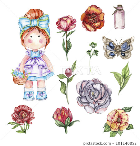 Watercolor hand drawn cute doll Tilda with flower.Hand drawn watercolor illustration isolated on white.Designf for baby shower party,birthday,cake,holiday celebration design,greetings card,invitation. 101140852