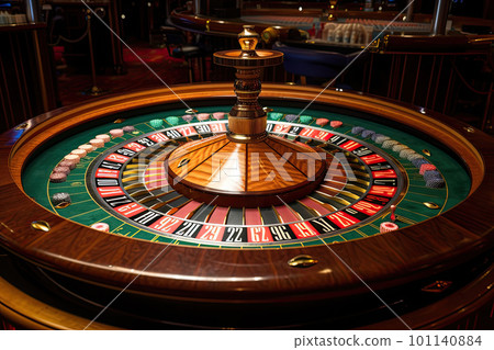 Casino roulette close up. Roulette wheel. Gambling addiction. Created with Generative AI 101140884