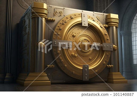 Decorated bank safe door. Bank vault for saving money and precious metals. Created with Generative AI 101140887