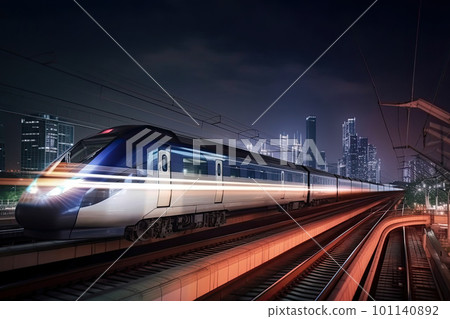 Modern high speed train at night. Fast train in city with motion blur effect, Public transport. Railway transportation. Created with Generative AI 101140892