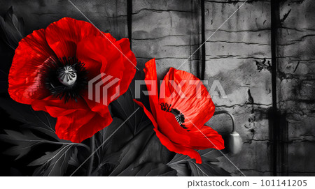 Red poppies as a symbol of memory for the fallen in the war. VE-Day, World War remembrance day. Generative AI illustration 101141205