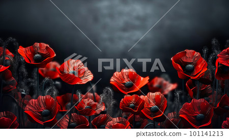 Red poppies as a symbol of memory for the fallen in the war. VE-Day, World War remembrance day. Generative AI illustration 101141213