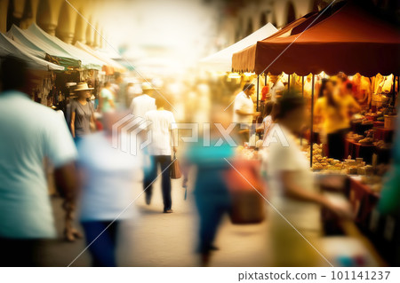Crowded Street Food Market Blurred Background. Busy street shopping. Generative AI illustration 101141237