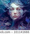 Beautiful mermaid, ocean witch, slim blue mermaid with long hair. Painting, concept art, cinematic light, background, wallpaper, illustration fantasy portrait generative AI 101141666