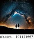 Silhouette of young couple under stars. standing in meadow by night under the galaxy The concept on the theme of love. Elements of this image Generative AI 101141667