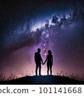 Silhouette of young couple under stars. standing in meadow by night under the galaxy The concept on the theme of love. Elements of this image Generative AI 101141668