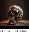 Human skull on wooden table, old scary horror skelet, halloween design haunted generative AI 101141669