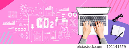 Reduce CO2 theme with person using a laptop Reduce CO2 theme with person using a laptop 101141859
