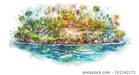 Paradise tropical islands, concept watecolor banner illustration isolated on white, AI generative image 101142171