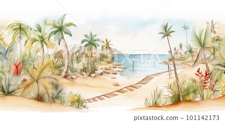 Paradise tropical islands, concept watecolor banner illustration isolated on white, AI generative image 101142173