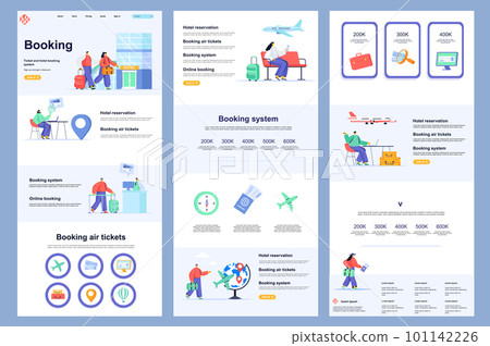 Booking service flat landing page. Online air tickets booking, tour agency corporate website design. Web banner template with header, middle content, footer. Vector illustration with people characters Booking service flat landing page. Online air tickets booking, tour agency corporate website design. Web banner template with header, middle content, footer. Vector illustration with people characters 101142226