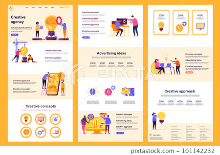 Creative agency flat landing page. Idea generation, design and creativity corporate website design. Web banner template with header, middle content, footer. Vector illustration with people characters. 101142232