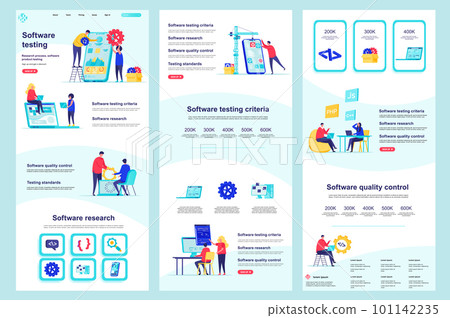 Software testing flat landing page. Programs debugging and optimization corporate website design. Web banner template with header, middle content, footer. Vector illustration with people characters. 101142235