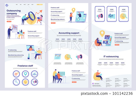 Outsourcing company flat landing page. IT outsourcing, freelancers recruitment corporate website design. Web banner with header, middle content, footer. Vector illustration with people characters. 101142236